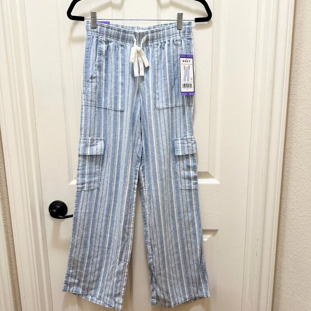 Roxy Women's Linen Blend Cargo Pant Size XS Blue Cottagecore Coastal Boho (NEW)